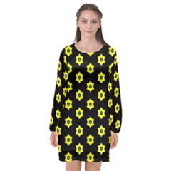 Pattern Yellow Stars Black Background Long Sleeve Chiffon Shift Dress  by Simbadda