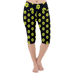 Pattern Yellow Stars Black Background Lightweight Velour Cropped Yoga Leggings by Simbadda