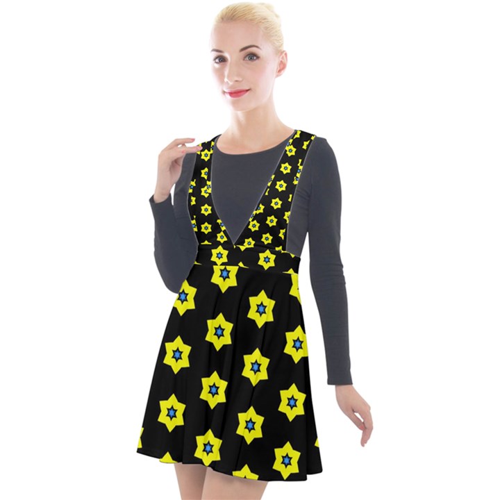 Pattern Yellow Stars Black Background Plunge Pinafore Velour Dress