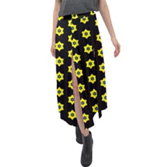 Pattern Yellow Stars Black Background Velour Split Maxi Skirt