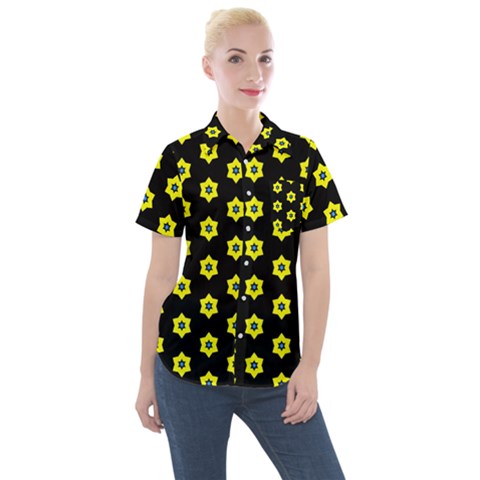 Pattern Yellow Stars Black Background Women s Short Sleeve Pocket Shirt by Simbadda