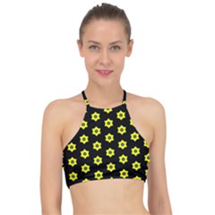 Pattern Yellow Stars Black Background Racer Front Bikini Top