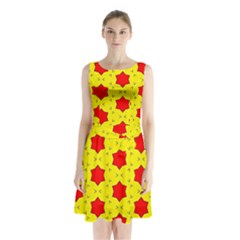 Pattern Red Star Texture Star Sleeveless Waist Tie Chiffon Dress by Simbadda