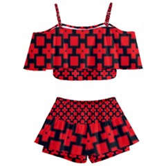 Pattern Red Black Texture Cross Kids  Off Shoulder Skirt Bikini by Simbadda