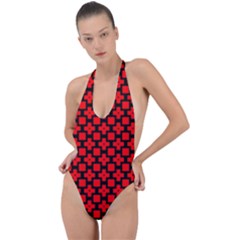 Pattern Red Black Texture Cross Backless Halter One Piece Swimsuit