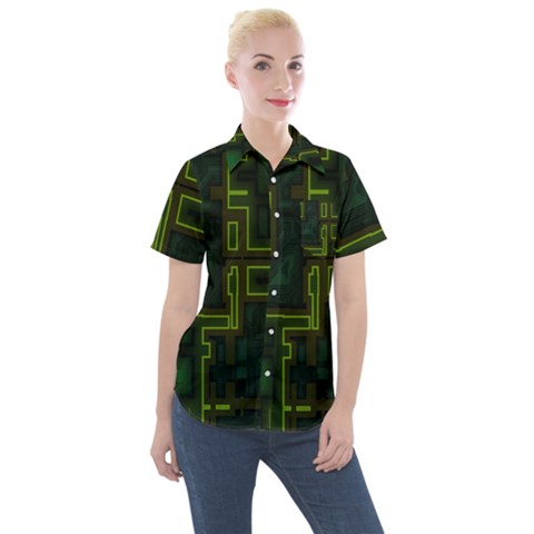 Seamless Pattern Texture Background Curcuit Women s Short Sleeve Pocket Shirt by Simbadda