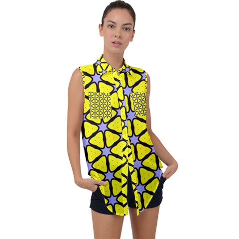 Pattern Modern Colorful Bright Sleeveless Chiffon Button Shirt by Simbadda