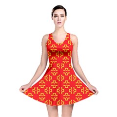 Red Background Yellow Shapes Reversible Skater Dress by Simbadda