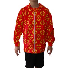 Red Background Yellow Shapes Kids  Hooded Windbreaker by Simbadda