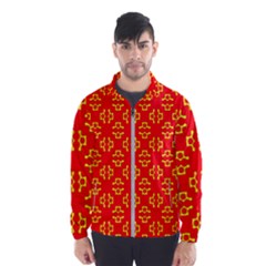 Red Background Yellow Shapes Men s Windbreaker by Simbadda