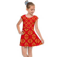 Red Background Yellow Shapes Kids  Cap Sleeve Dress by Simbadda