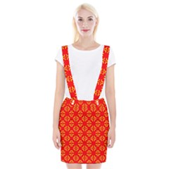 Red Background Yellow Shapes Braces Suspender Skirt by Simbadda