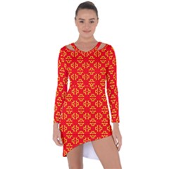 Red Background Yellow Shapes Asymmetric Cut-out Shift Dress by Simbadda