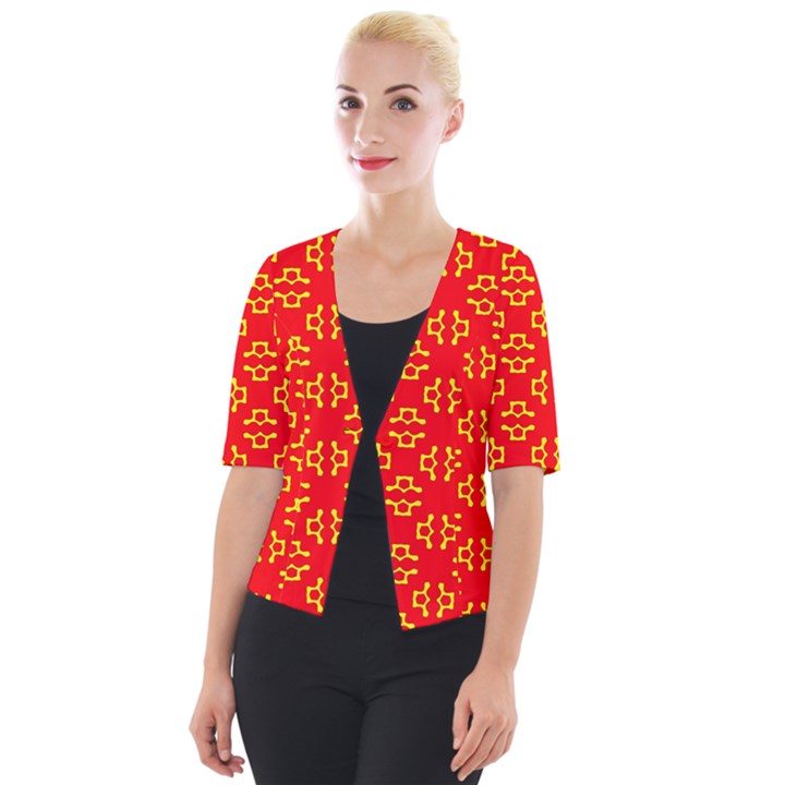 Red Background Yellow Shapes Cropped Button Cardigan