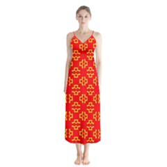 Red Background Yellow Shapes Button Up Chiffon Maxi Dress by Simbadda