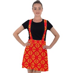 Red Background Yellow Shapes Velvet Suspender Skater Skirt by Simbadda