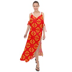 Red Background Yellow Shapes Maxi Chiffon Cover Up Dress by Simbadda