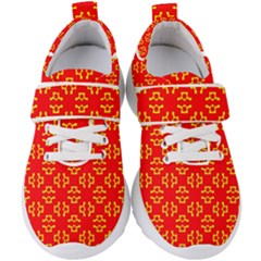 Red Background Yellow Shapes Kids  Velcro Strap Shoes by Simbadda