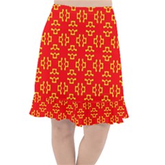 Red Background Yellow Shapes Fishtail Chiffon Skirt by Simbadda