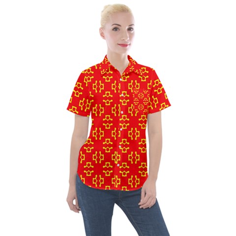 Red Background Yellow Shapes Women s Short Sleeve Pocket Shirt by Simbadda