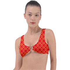 Red Background Yellow Shapes Ring Detail Bikini Top