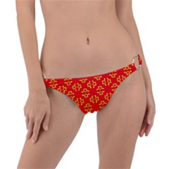 Red Background Yellow Shapes Ring Detail Bikini Bottom