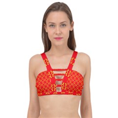 Red Background Yellow Shapes Cage Up Bikini Top