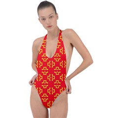 Red Background Yellow Shapes Backless Halter One Piece Swimsuit