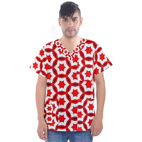 Pattern Red White Texture Seamless Men s V-neck Scrub Top by Simbadda