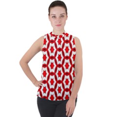 Pattern Red White Texture Seamless Mock Neck Chiffon Sleeveless Top by Simbadda