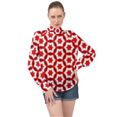 Pattern Red White Texture Seamless High Neck Long Sleeve Chiffon Top