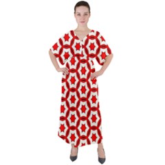 Pattern Red White Texture Seamless V-neck Boho Style Maxi Dress by Simbadda