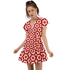 Pattern Red White Texture Seamless Flutter Sleeve Wrap Dress