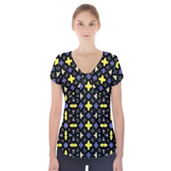 Pattern Black Background Texture Short Sleeve Front Detail Top by Simbadda