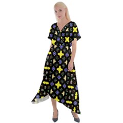 Pattern Black Background Texture Cross Front Sharkbite Hem Maxi Dress