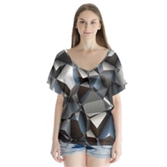 Triangles Polygon Color Silver Uni V-neck Flutter Sleeve Top by Simbadda