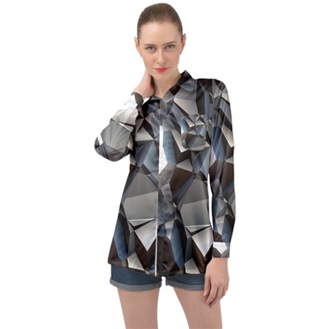 Triangles Polygon Color Silver Uni Long Sleeve Satin Shirt by Simbadda