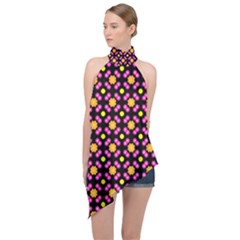 Pattern Colorful Texture Design Halter Asymmetric Satin Top by Simbadda