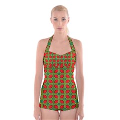 Pattern Modern Texture Seamless Red Yellow Green Boyleg Halter Swimsuit  by Simbadda