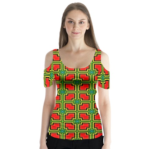 Pattern Modern Texture Seamless Red Yellow Green Butterfly Sleeve Cutout Tee  by Simbadda