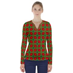 Pattern Modern Texture Seamless Red Yellow Green V-neck Long Sleeve Top by Simbadda