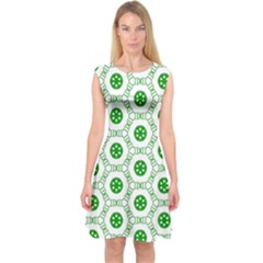 White Background Green Shapes Capsleeve Midi Dress by Simbadda