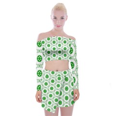 White Background Green Shapes Off Shoulder Top With Mini Skirt Set by Simbadda