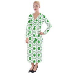 White Background Green Shapes Velvet Maxi Wrap Dress by Simbadda