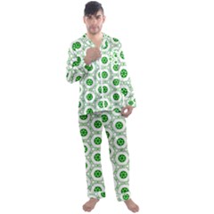 White Background Green Shapes Men s Satin Pajamas Long Pants Set by Simbadda