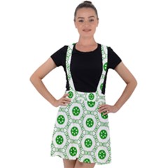 White Background Green Shapes Velvet Suspender Skater Skirt