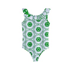 White Background Green Shapes Kids  Frill Swimsuit by Simbadda