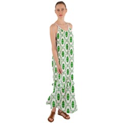 White Background Green Shapes Cami Maxi Ruffle Chiffon Dress