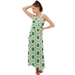 White Background Green Shapes V-neck Chiffon Maxi Dress