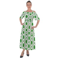 White Background Green Shapes Shoulder Straps Boho Maxi Dress 